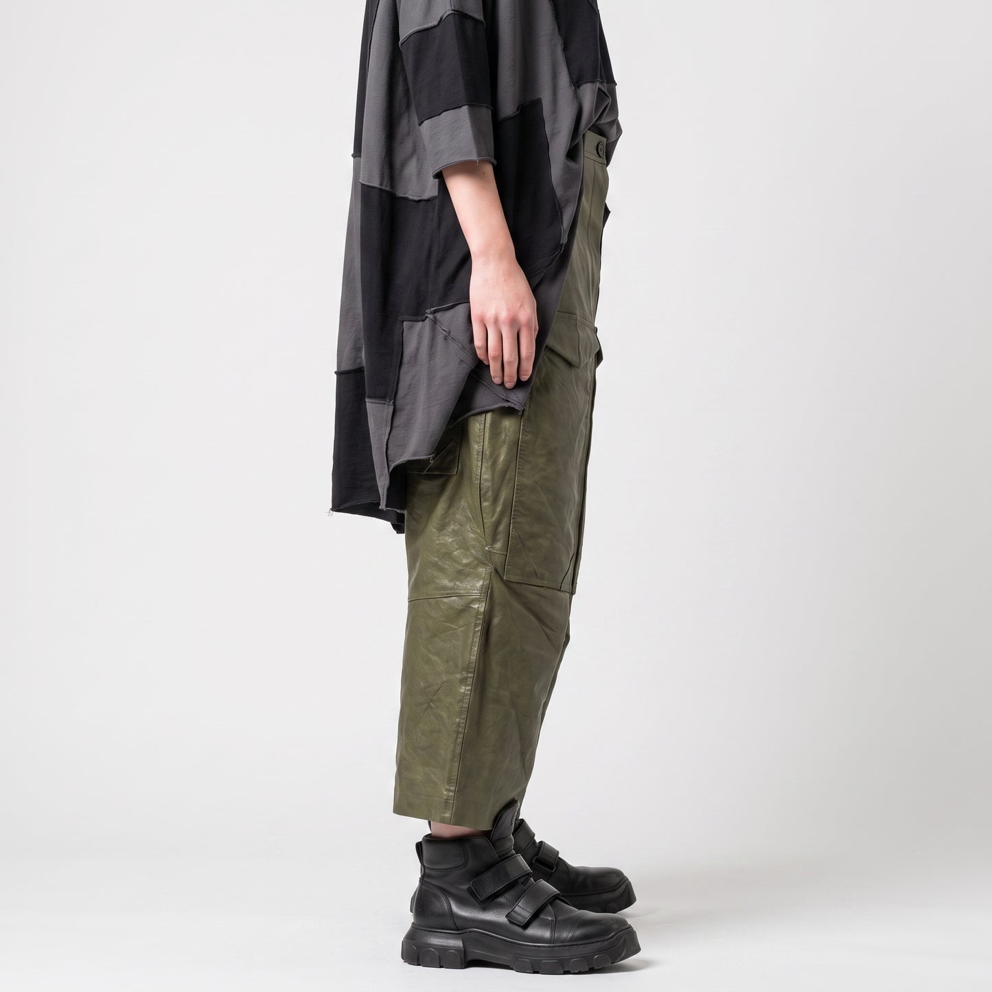 Olive Green Leather Cargo Trousers