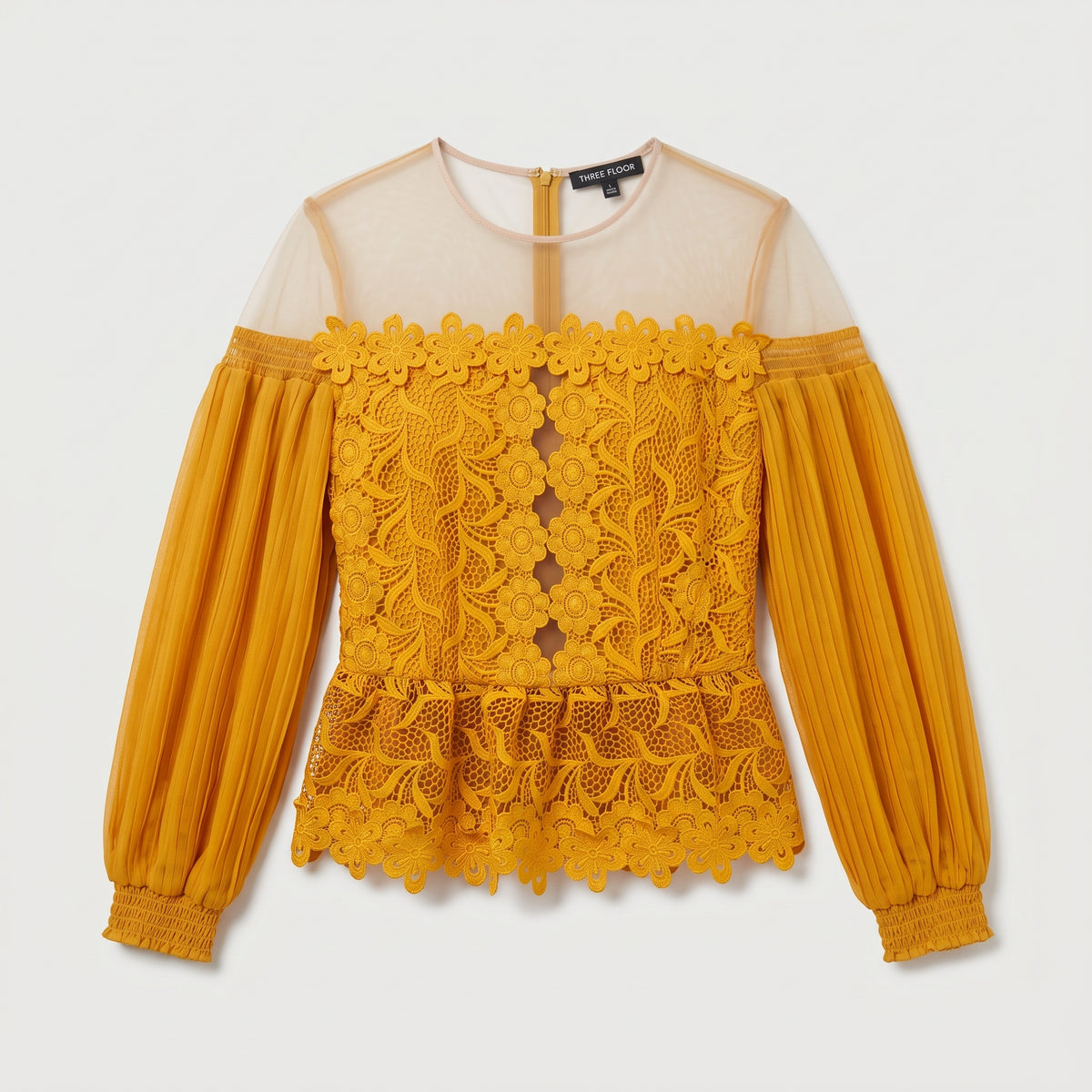 Floral Lace Pleated Sleeve Blouse
