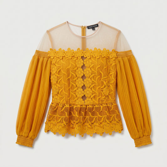 Floral Lace Pleated Sleeve Blouse