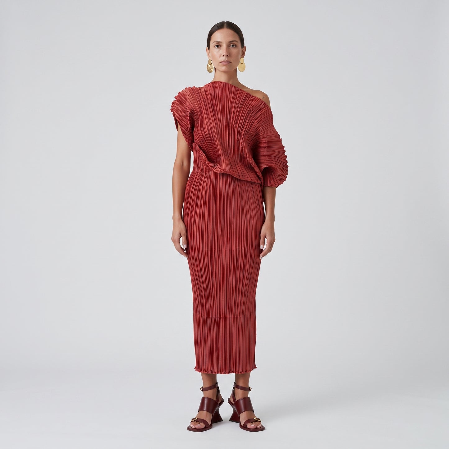 Pleated One-Shoulder Midi Dress