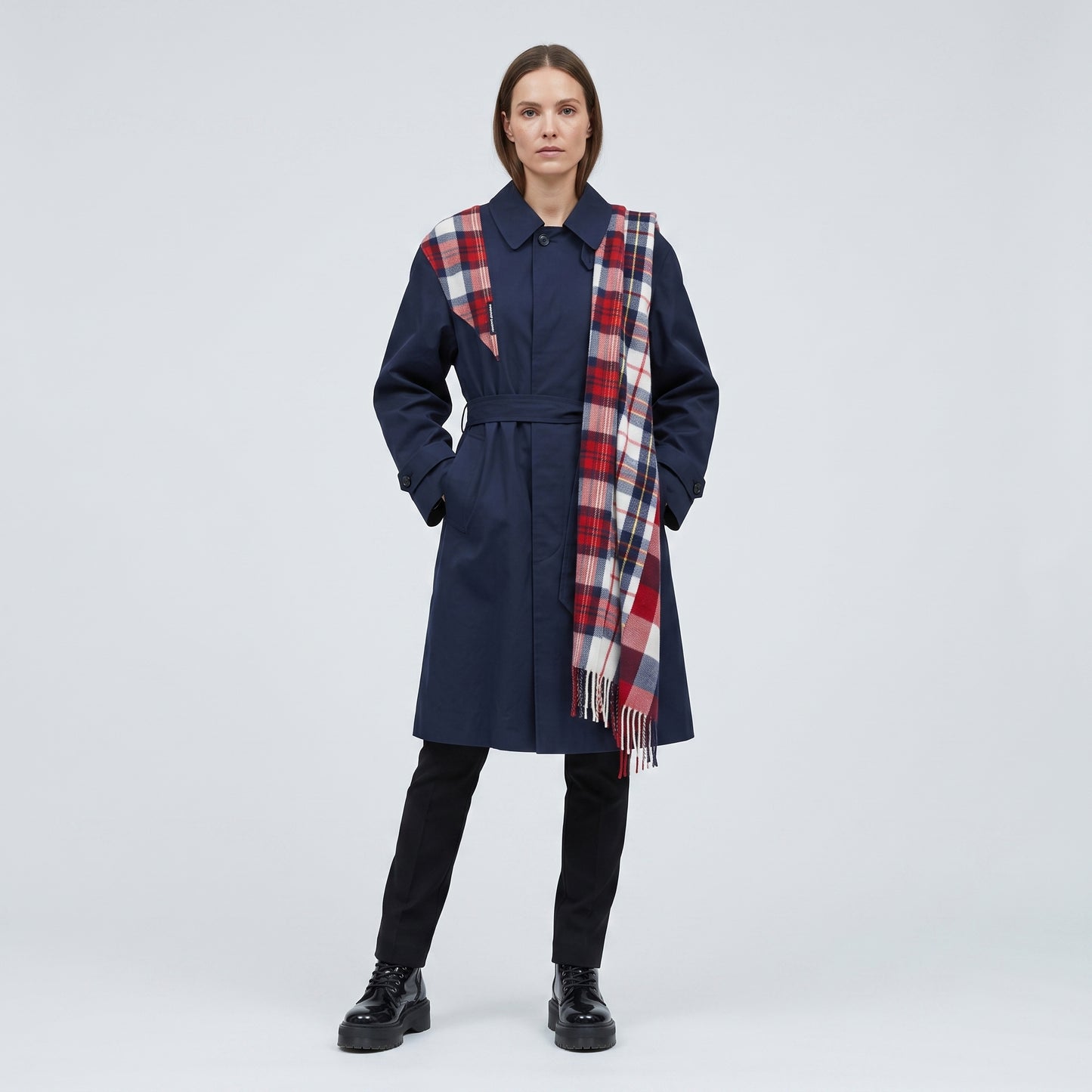 Plaid Accent Navy Trench Coat