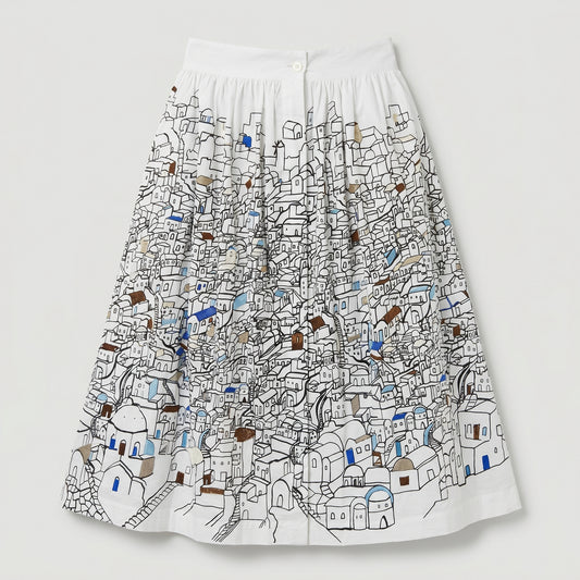 Mediterranean Village Print Midi Skirt