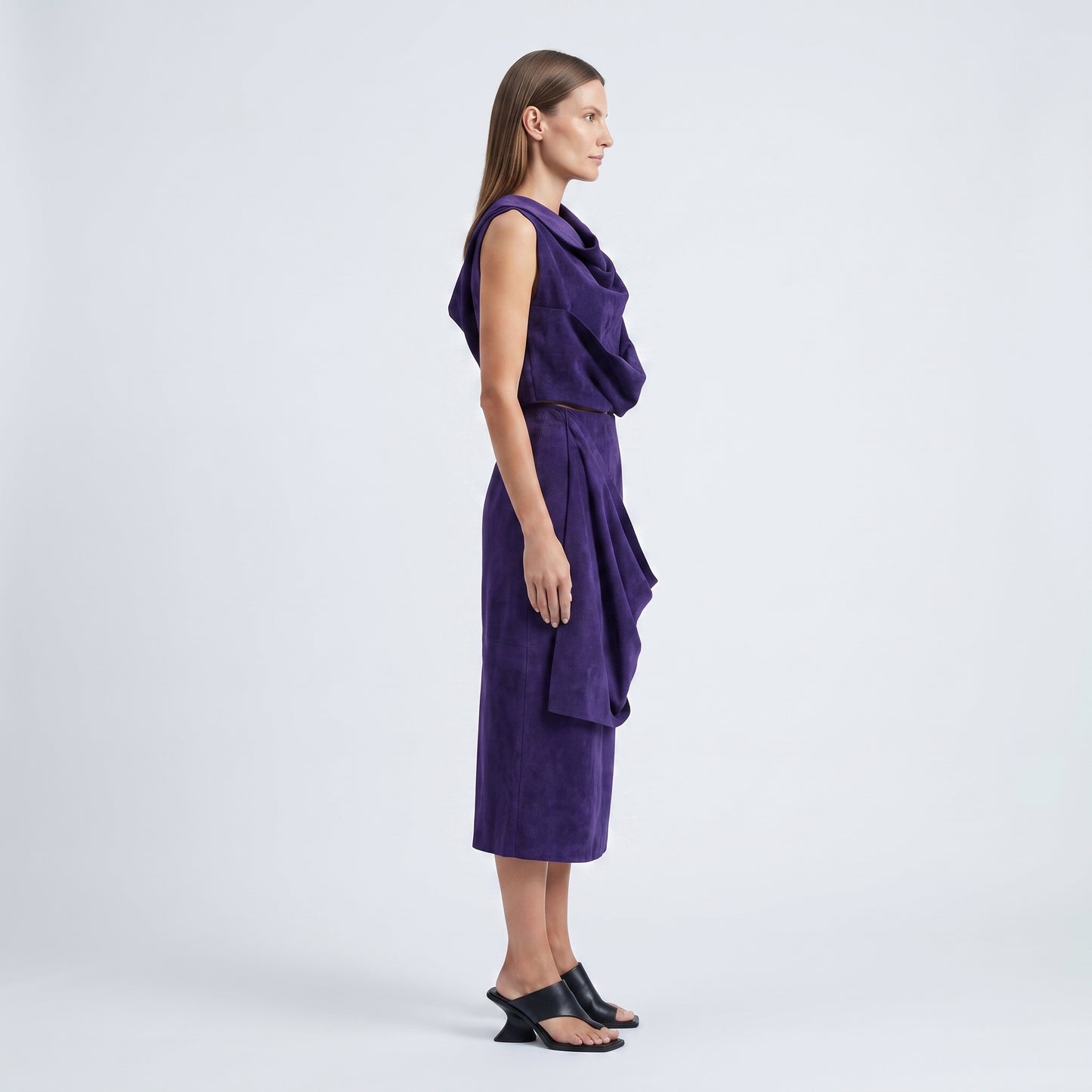 Draped Purple Suede Midi Skirt