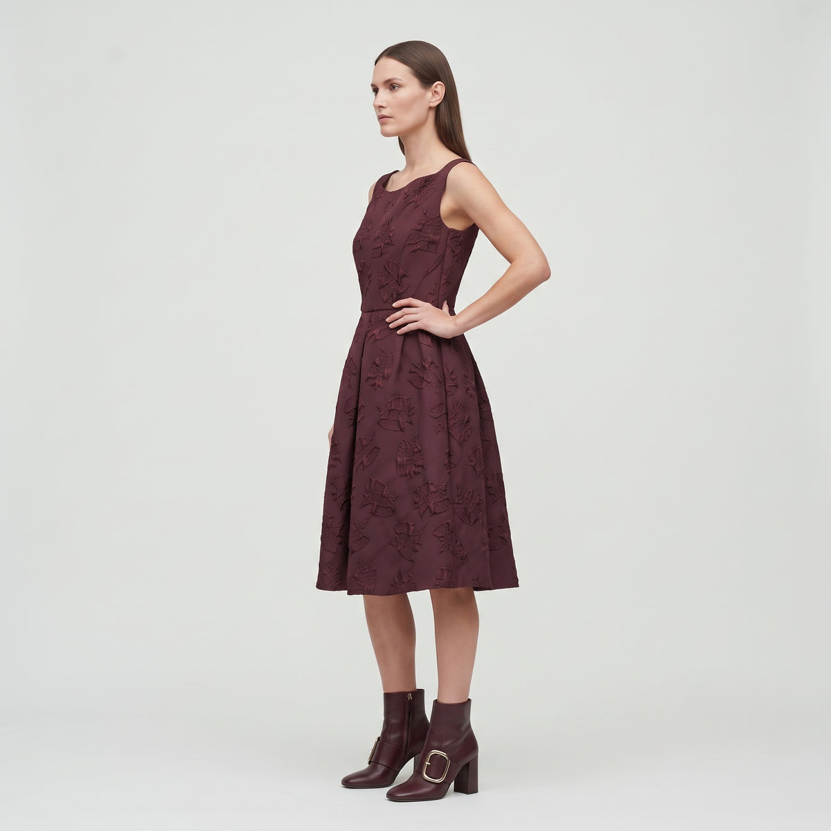 Embossed Burgundy Sleeveless A-Line Dress