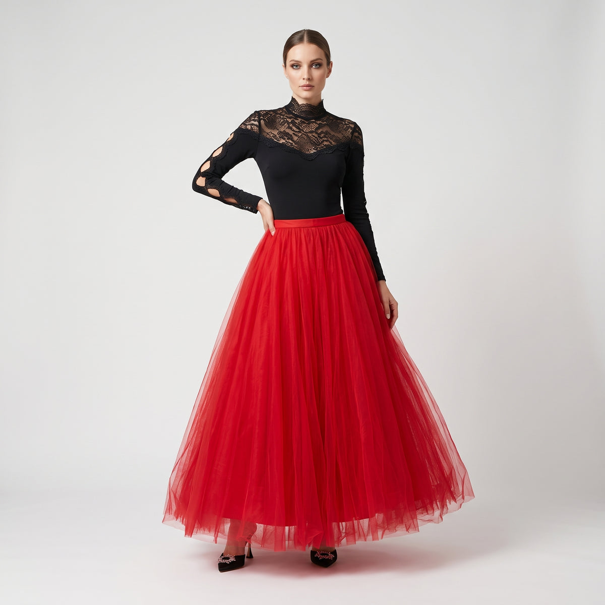 Voluminous Red Tulle Maxi Skirt