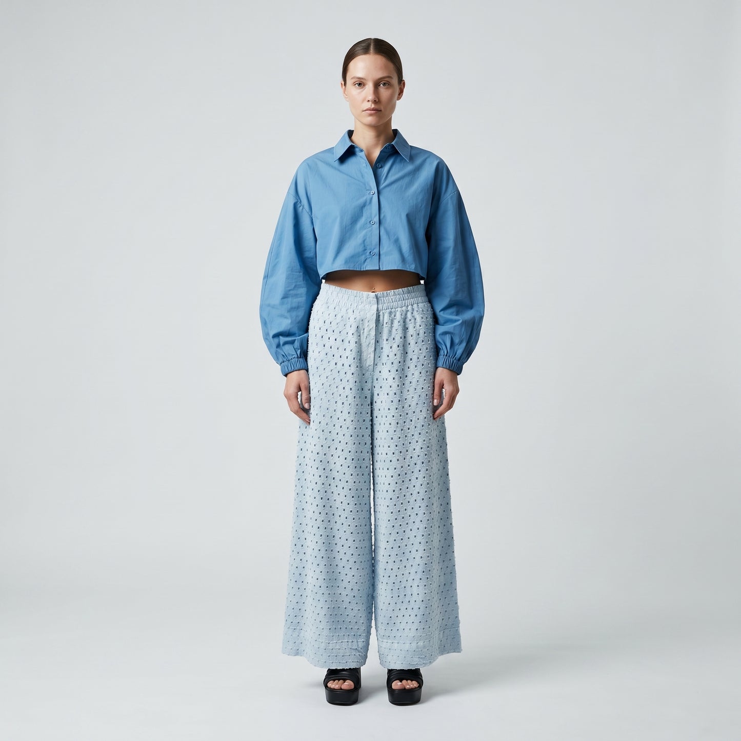 Textured Light Blue Wide-Leg Trousers