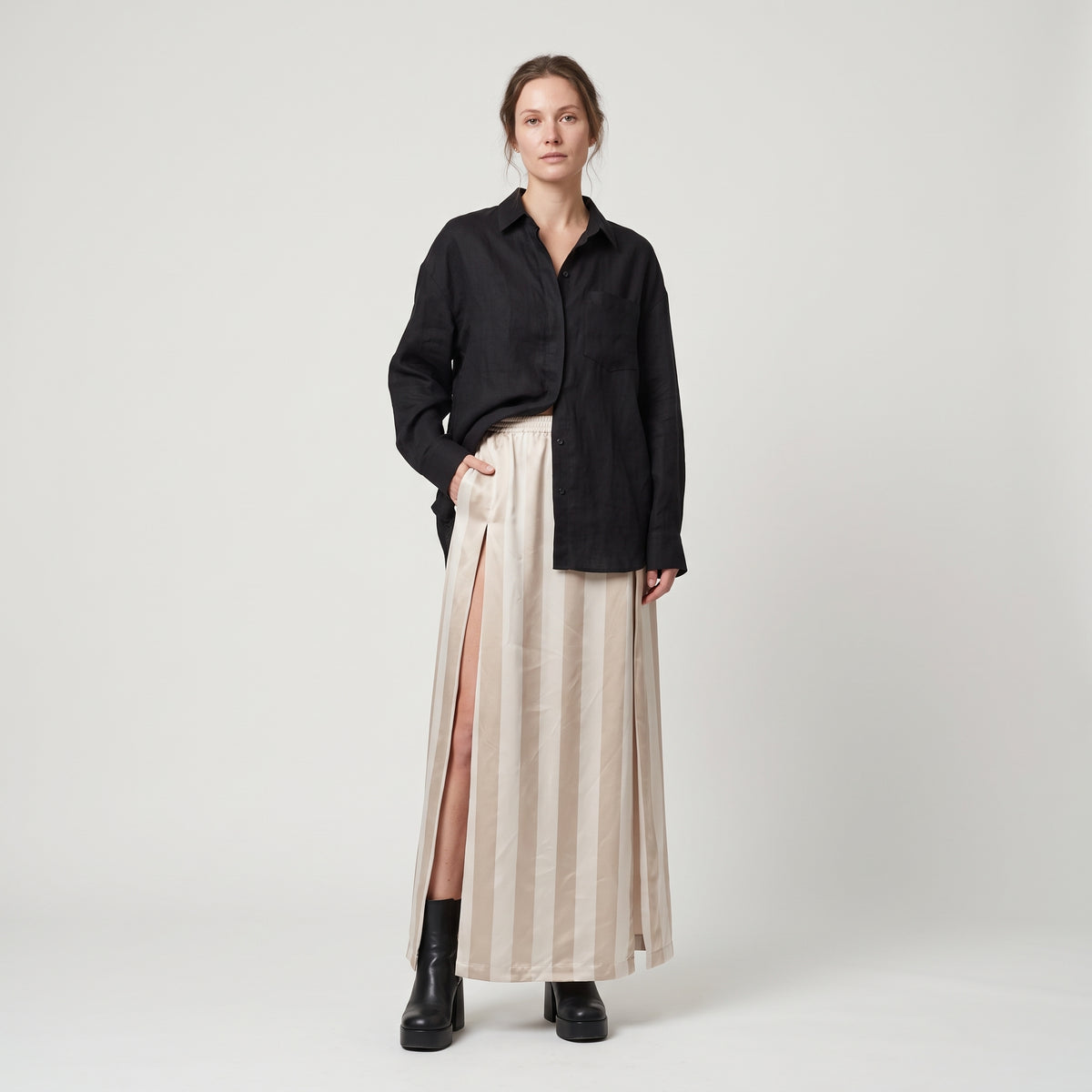 Striped Satin Midi Skirt