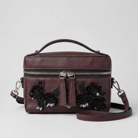 Embellished Burgundy Leather Vanity Bag