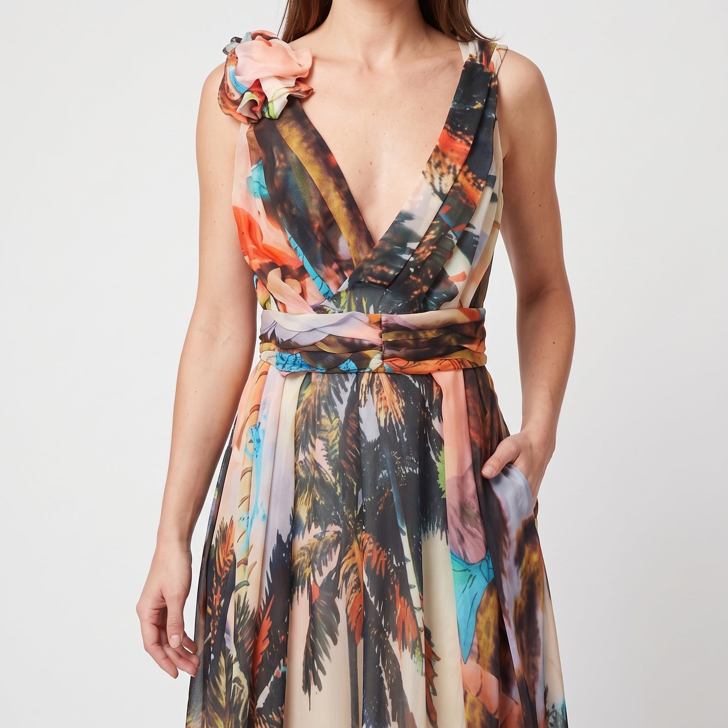 Floral Tropical Print Silk Dress