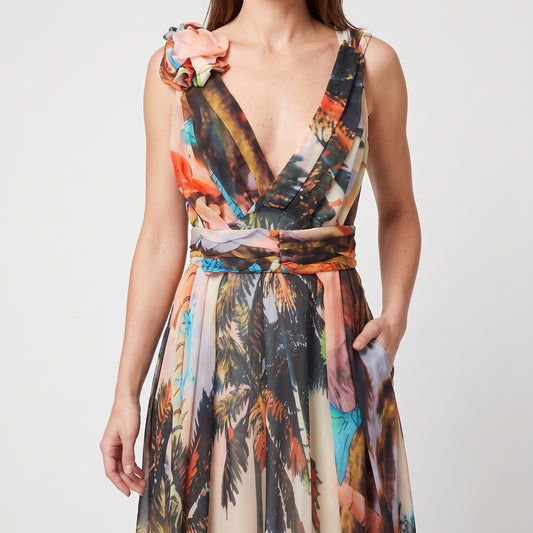 Floral Tropical Print Silk Dress