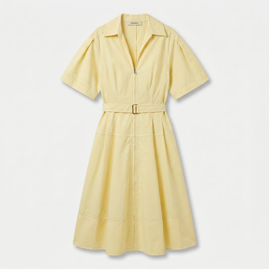 Belted Yellow Collared Midi Dress