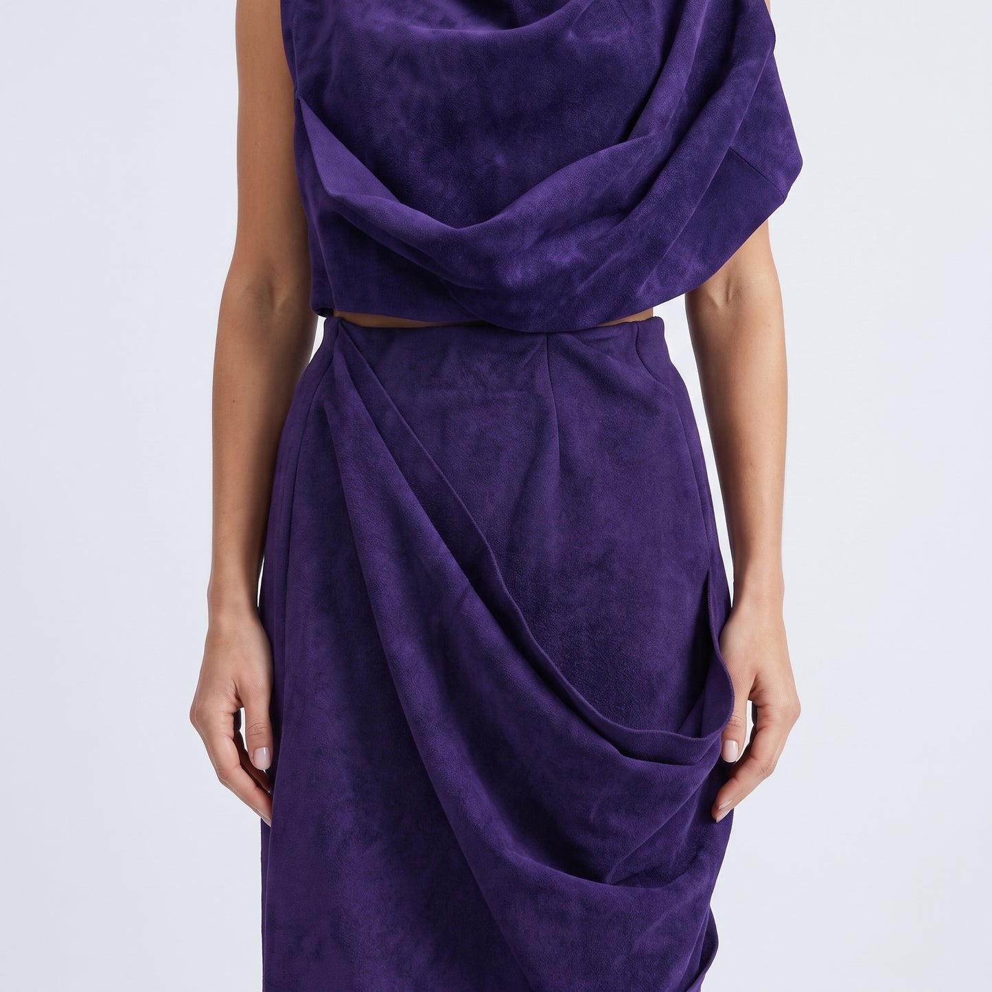Draped Purple Suede Midi Skirt