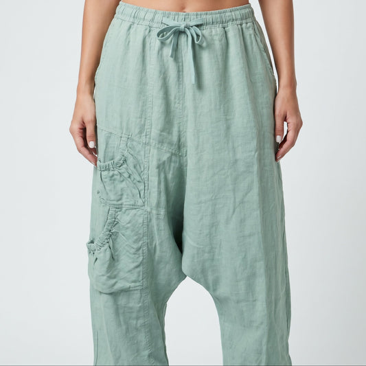 Linen Drop Crotch Cropped Trousers