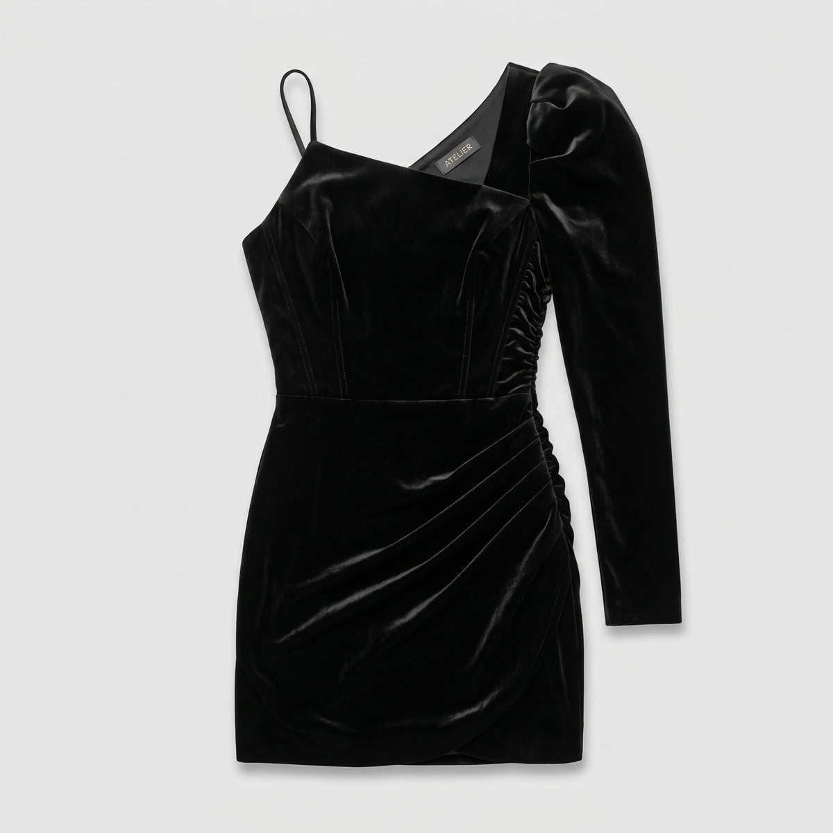 Asymmetric Velvet Puff Sleeve Dress