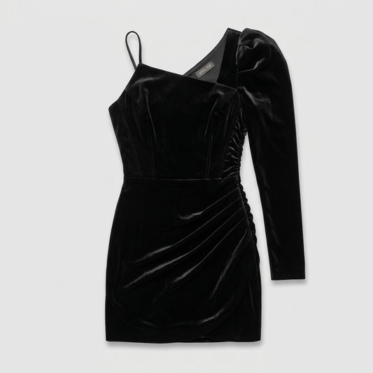 Asymmetric Velvet Puff Sleeve Dress