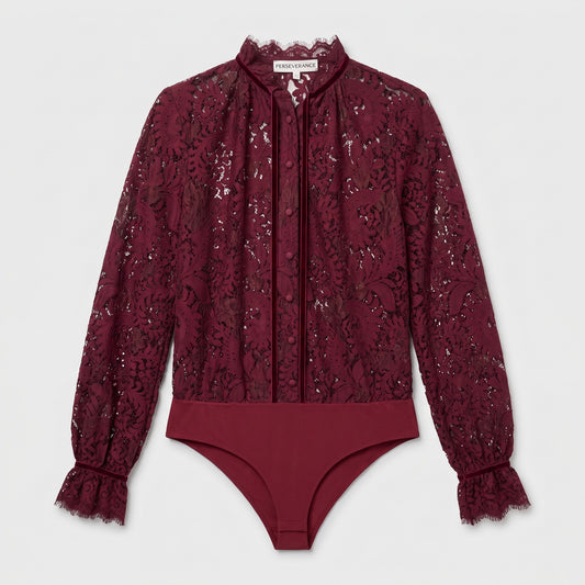 Burgundy Lace Mock Neck Bodysuit