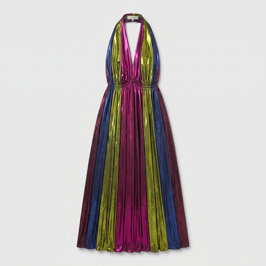 Metallic Plissé Halter Maxi Dress