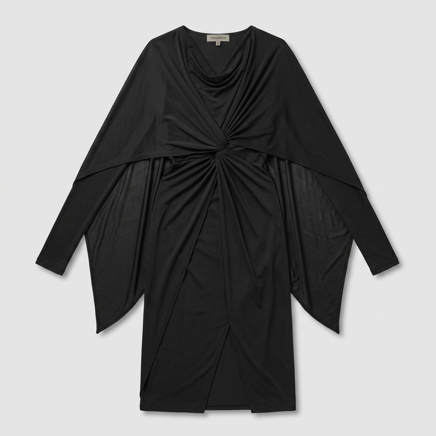 Draped Black Asymmetric Midi Dress