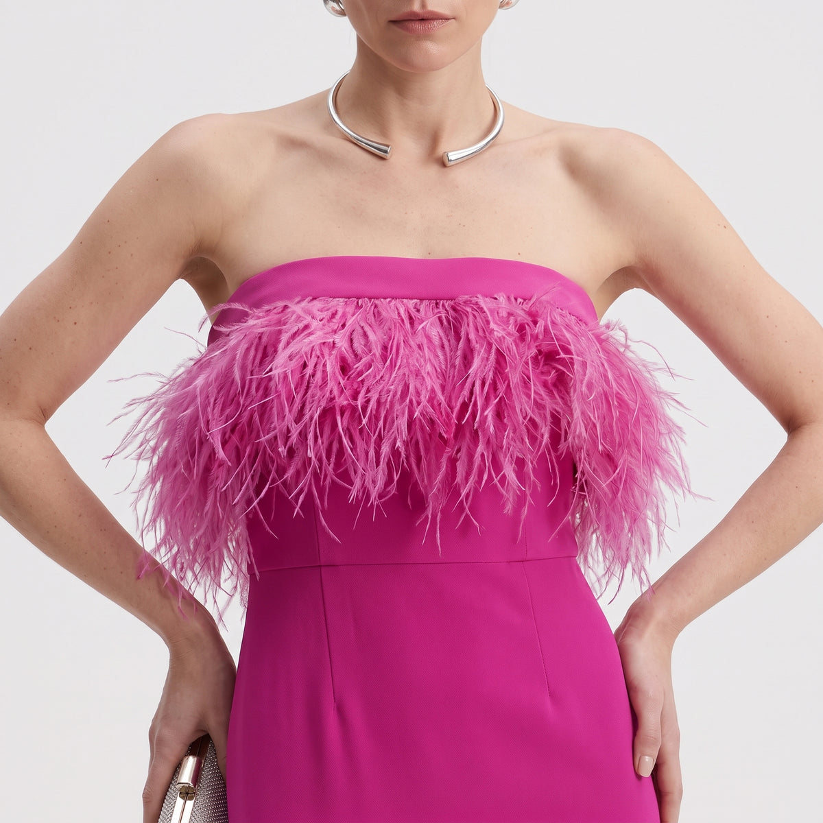 Feather Trimmed Strapless Gown