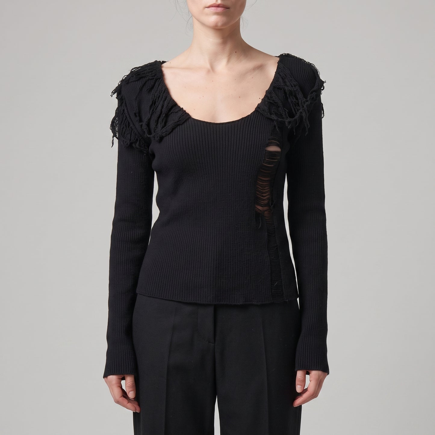 Distressed Fringed Ribbed Knit Sweater