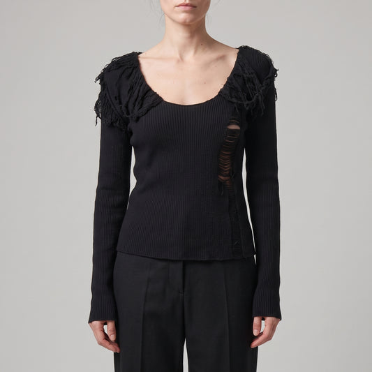 Distressed Fringed Ribbed Knit Sweater