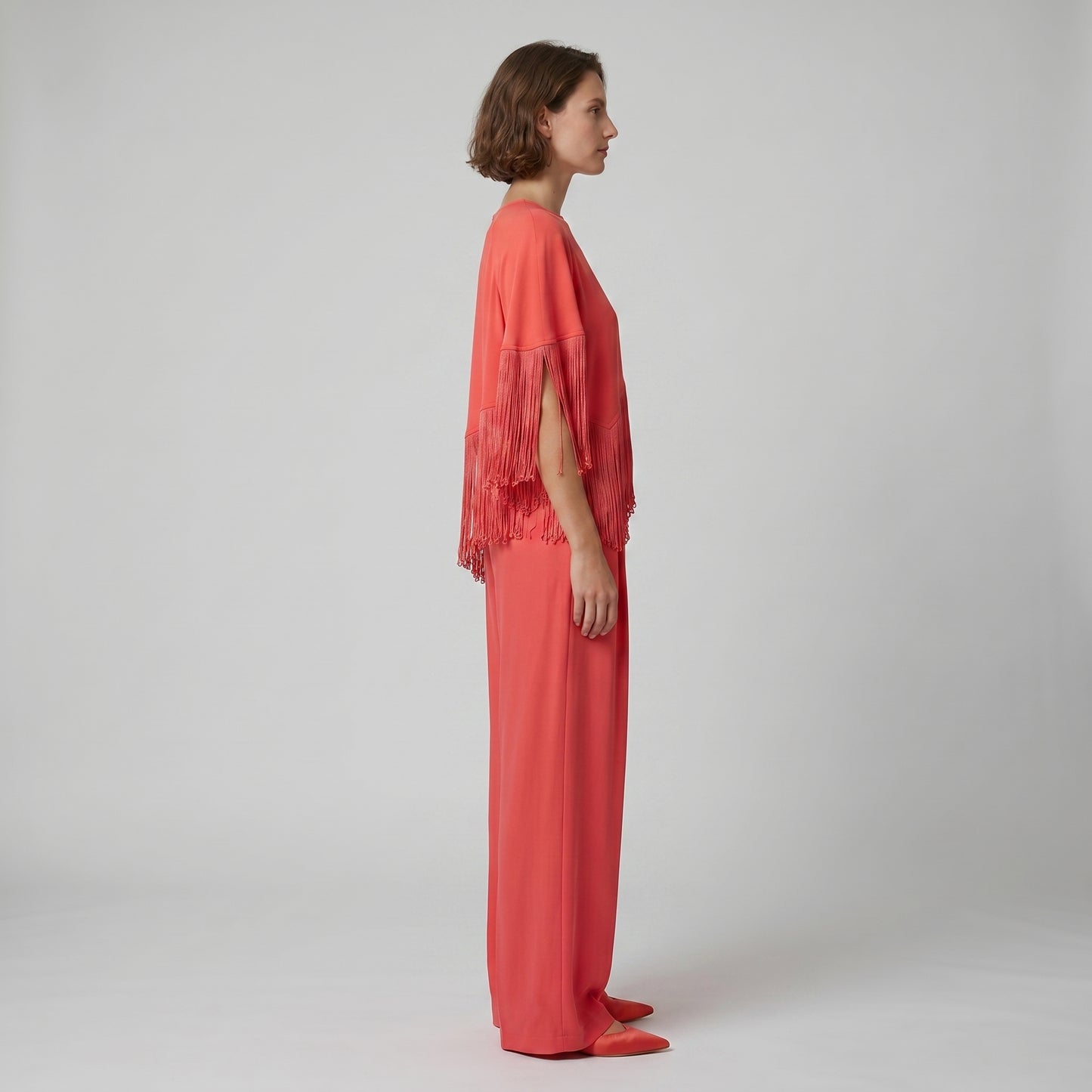 Asymmetric Fringe Coral Blouse