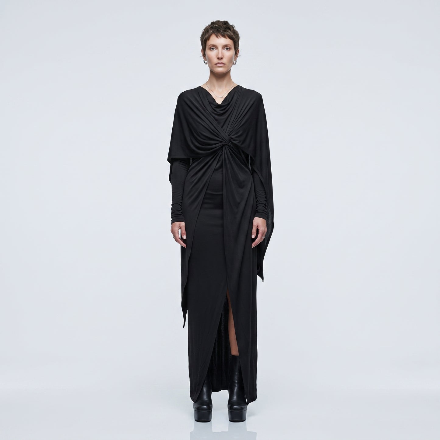 Draped Black Asymmetric Midi Dress