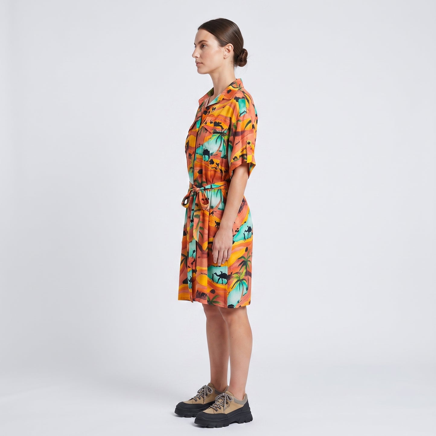 Tropical Palm Print Shirt Dress