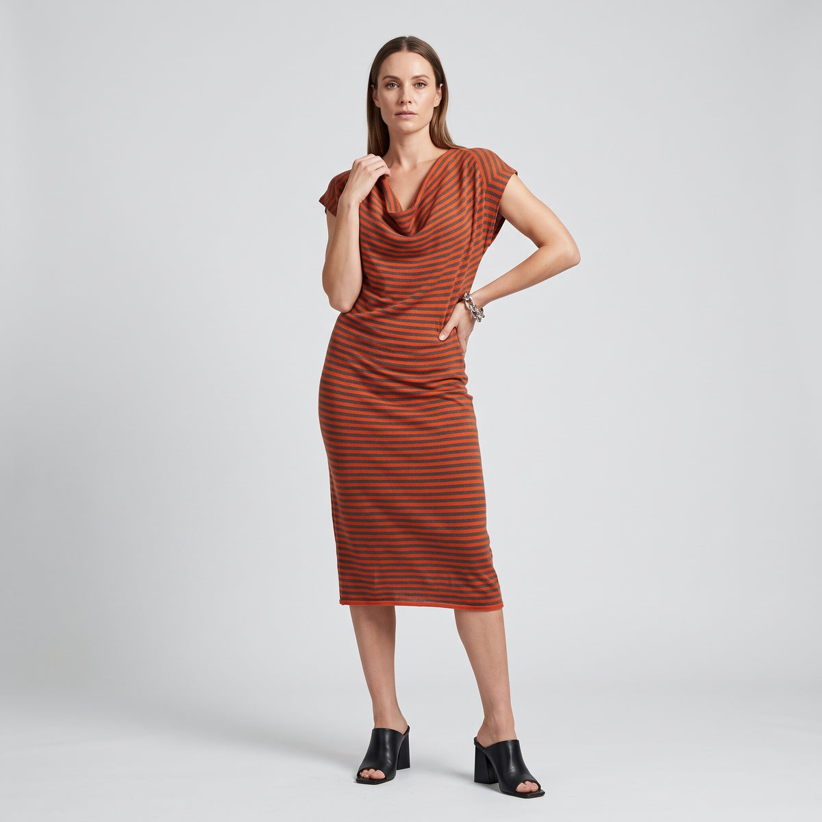 Striped Cowl Neck Jersey Dress