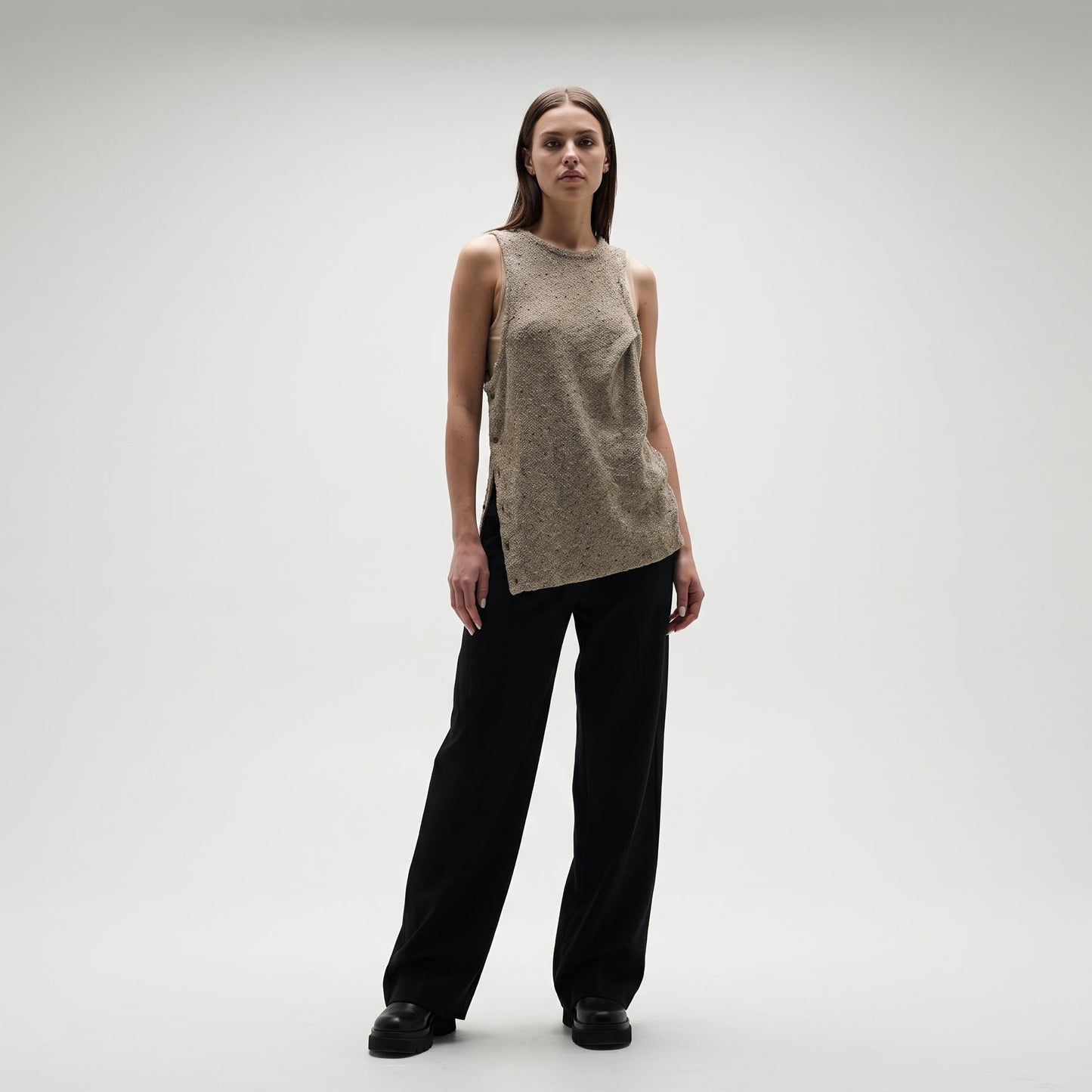 Neutral Shimmer Asymmetric Knit Top
