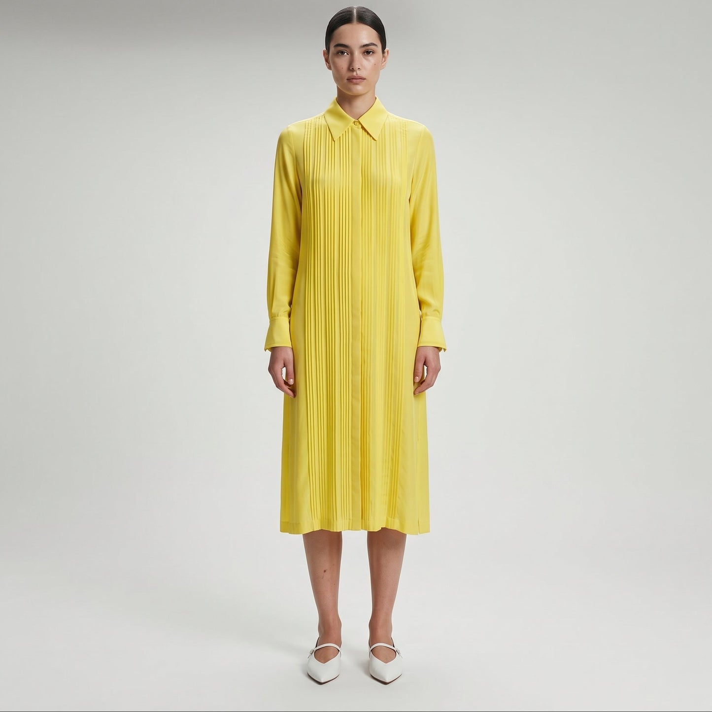 Pleated Yellow Shirt Dress