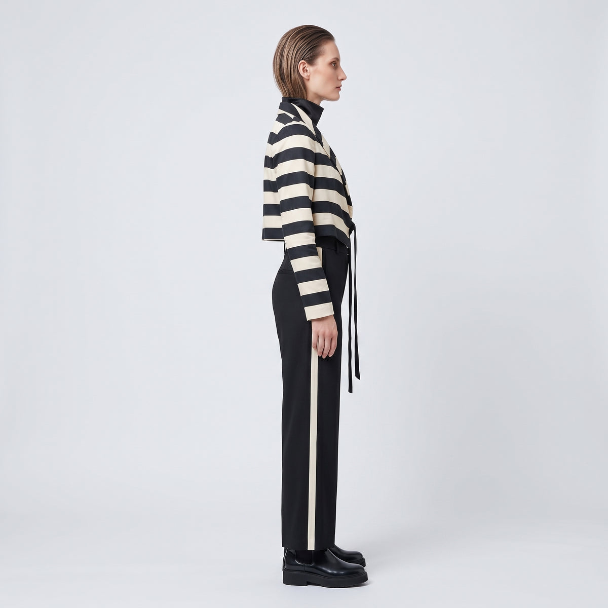 Striped Cropped Tie Front Jacket