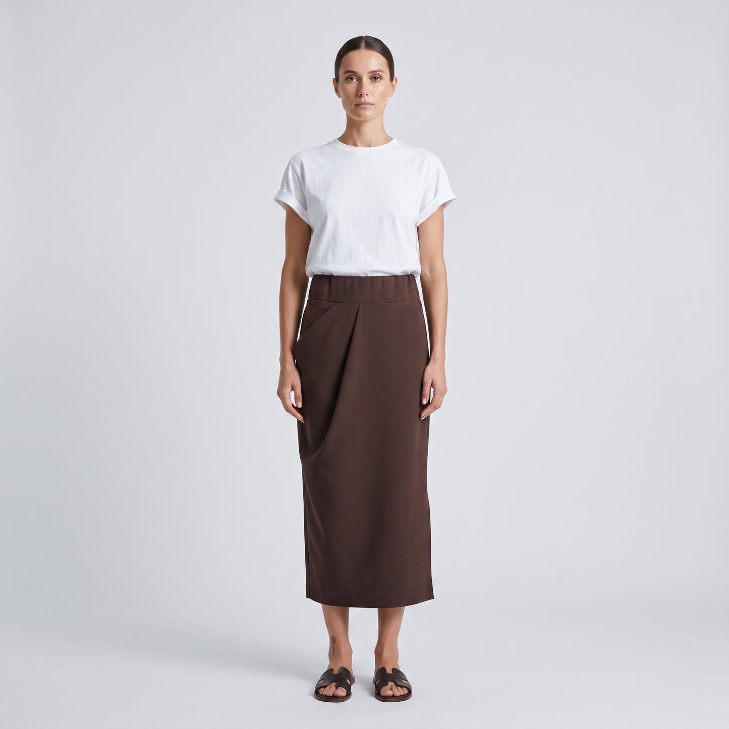 Draped High-Waisted Midi Skirt