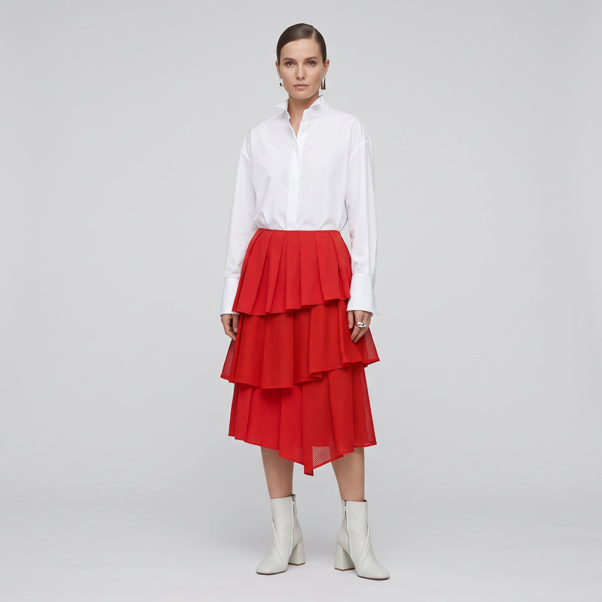 Red Tiered Pleated Midi Skirt