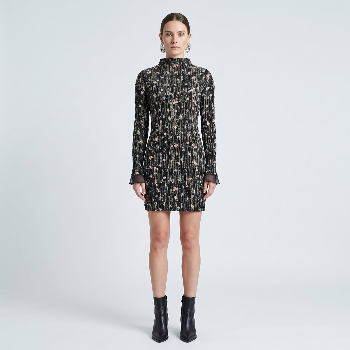 Floral Pleated Long Sleeve Dress