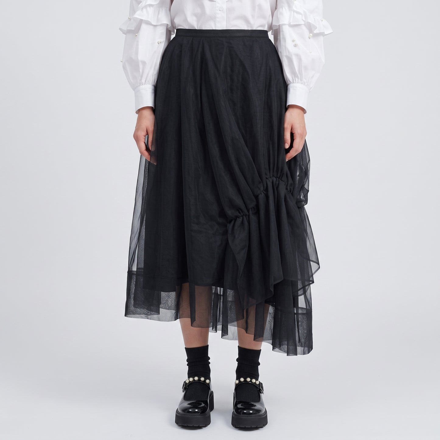 Asymmetric Ruched Tulle Midi Skirt