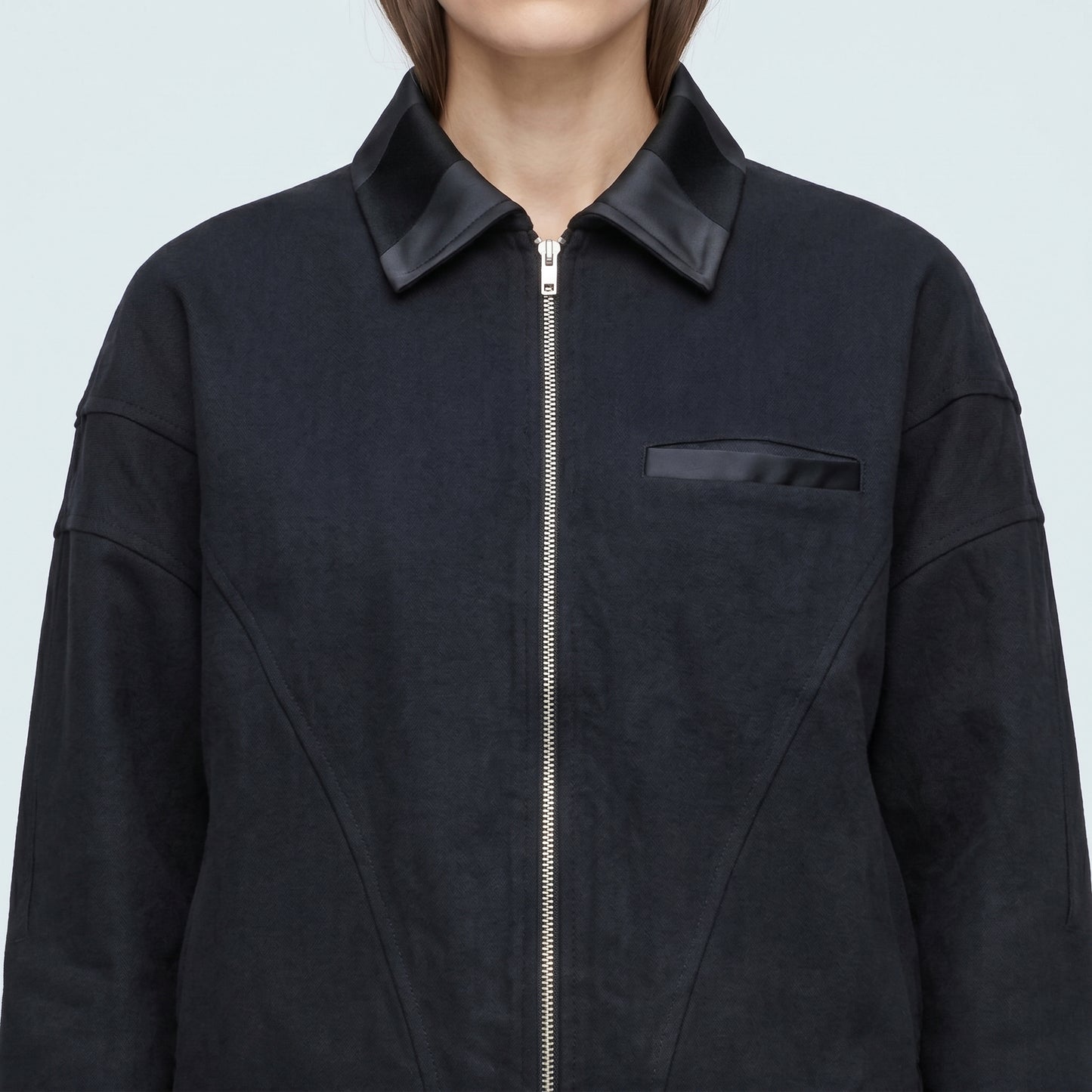 Black Contrast Collar Zip Jacket