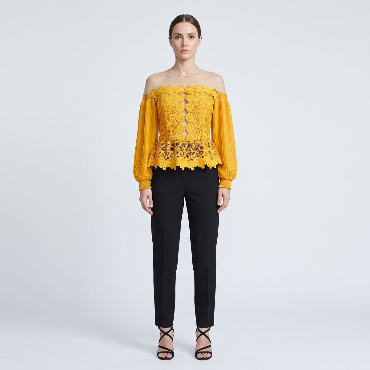 Floral Lace Pleated Sleeve Blouse