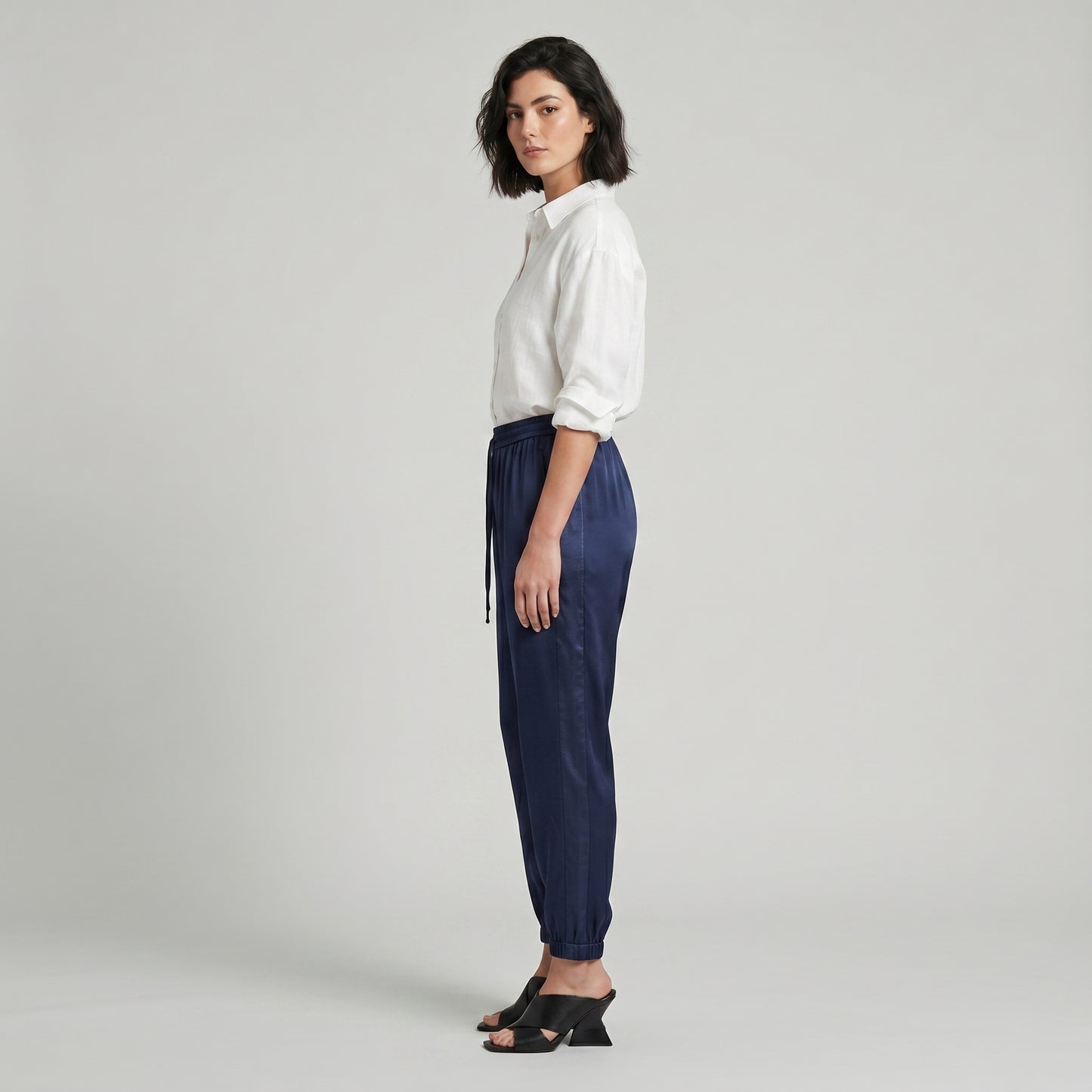 Navy Silk Drawstring Joggers