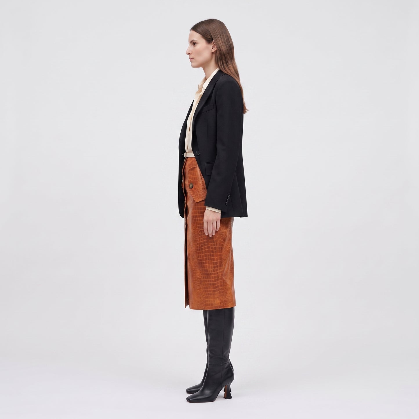 Croc-Embossed Leather Button Skirt
