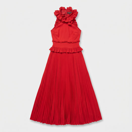 Ruffled Pleated Red Midi Dress