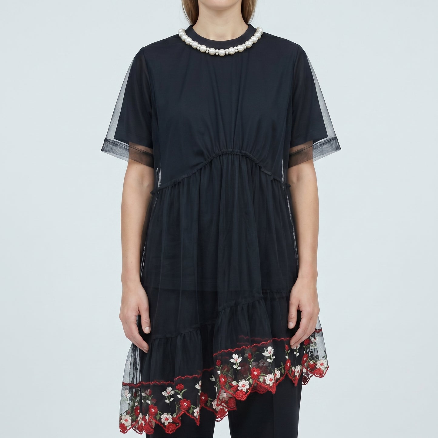 Pearl Collar Floral Tulle SHIRT TOP