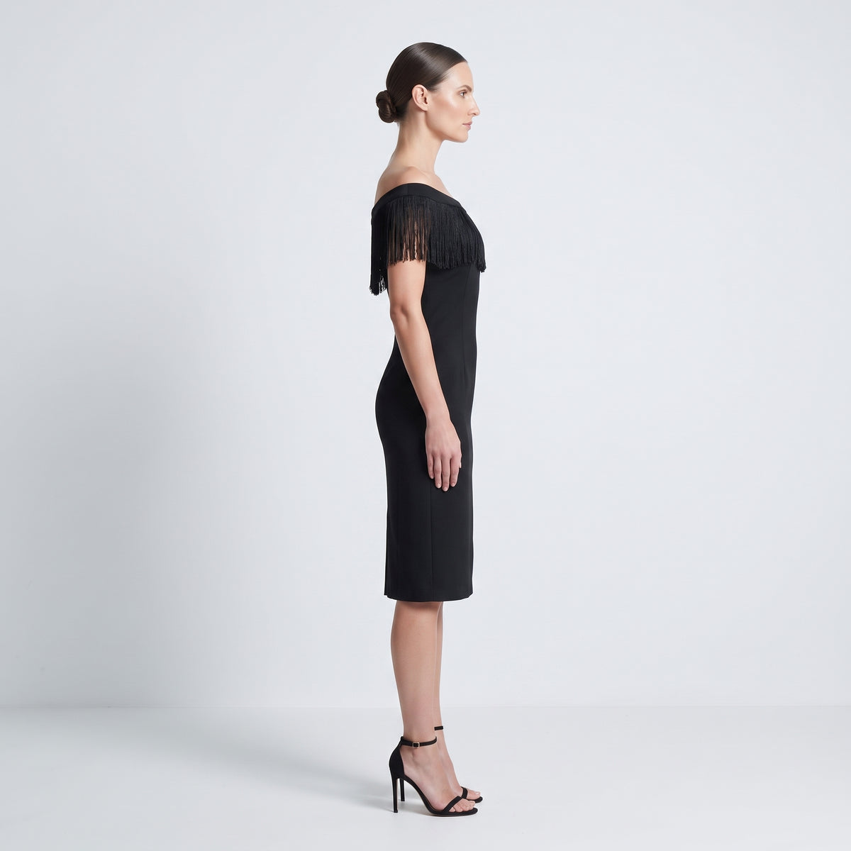 Fringe Trimmed Black Sheath Dress