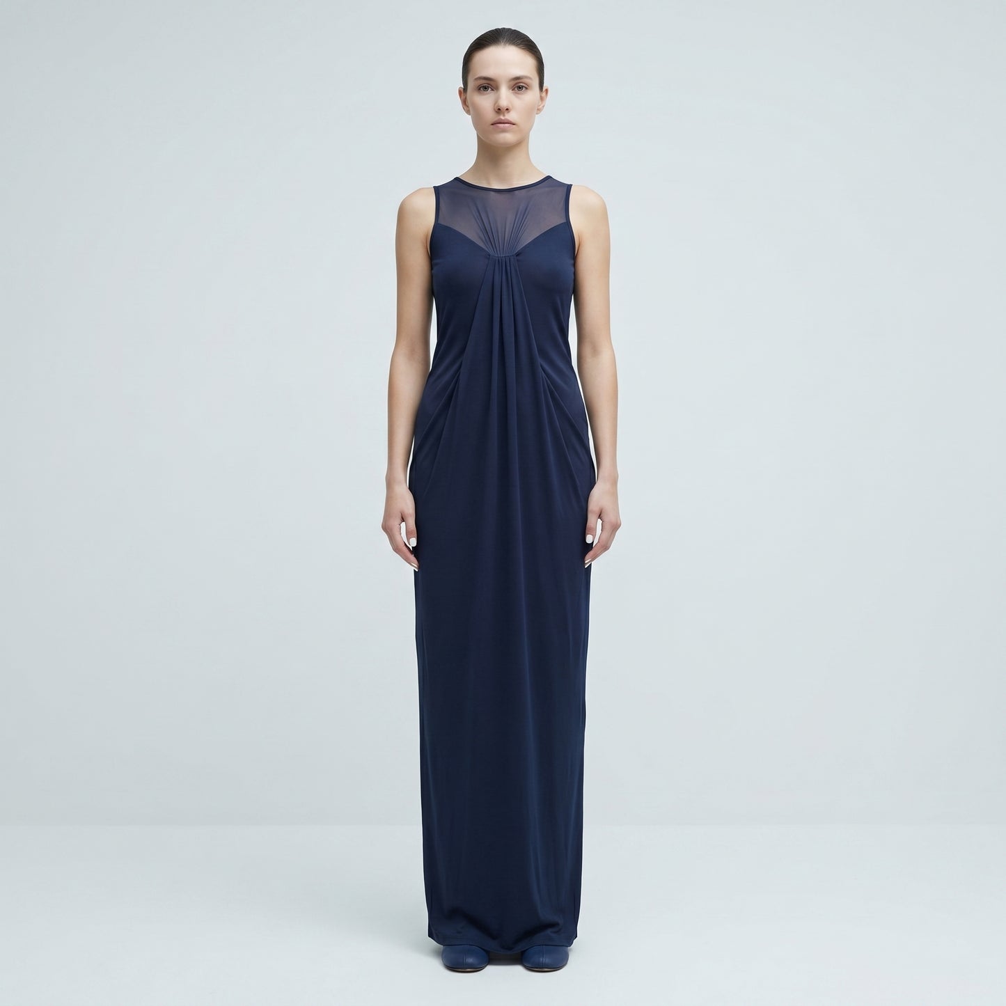 Elegant Draped Mesh Maxi Dress