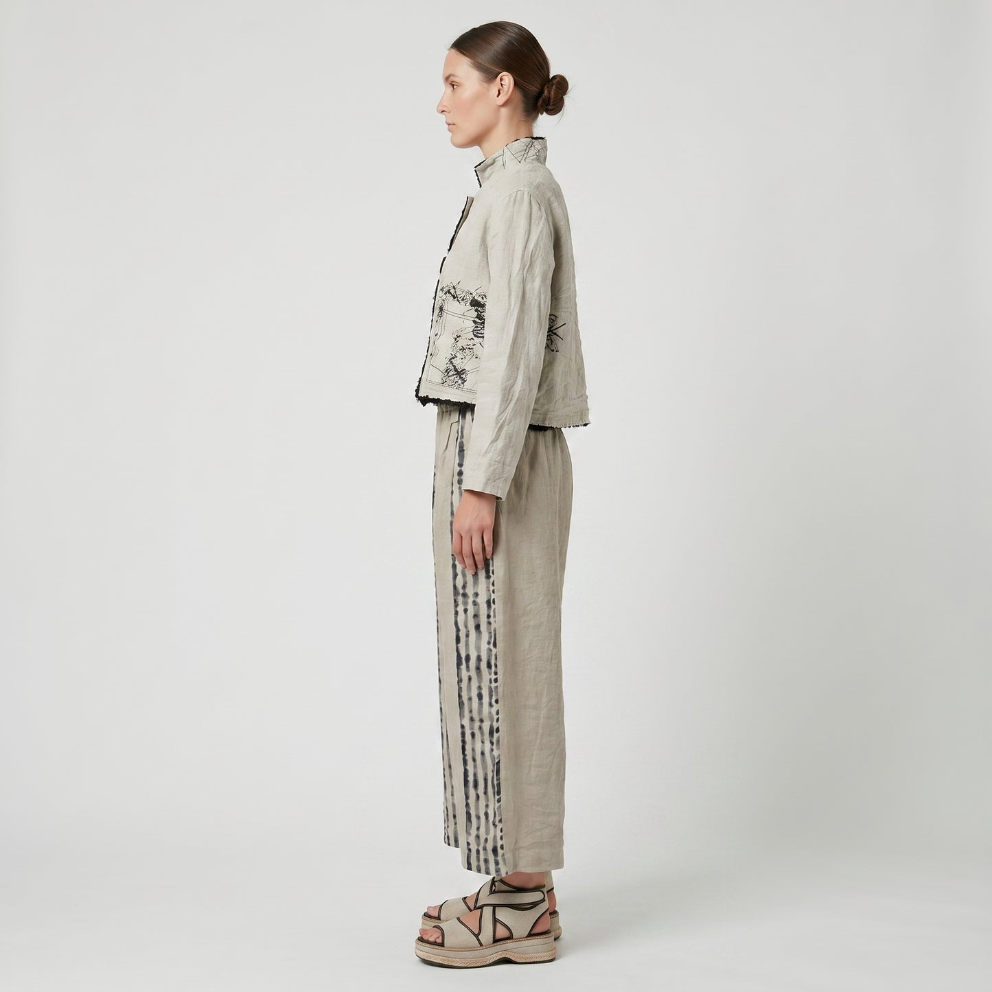 Printed Wide Leg Linen Trousers