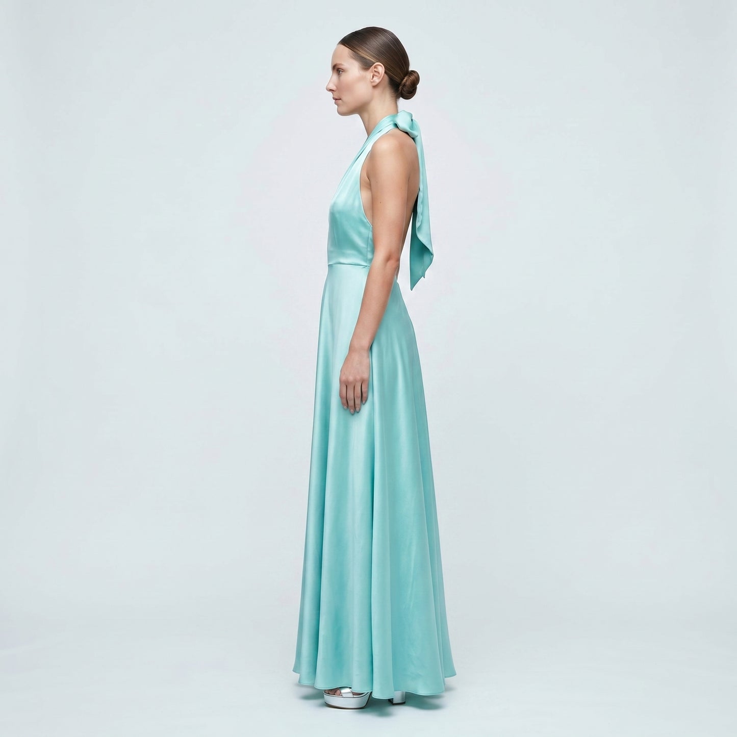Turquoise Satin Halter Maxi Dress