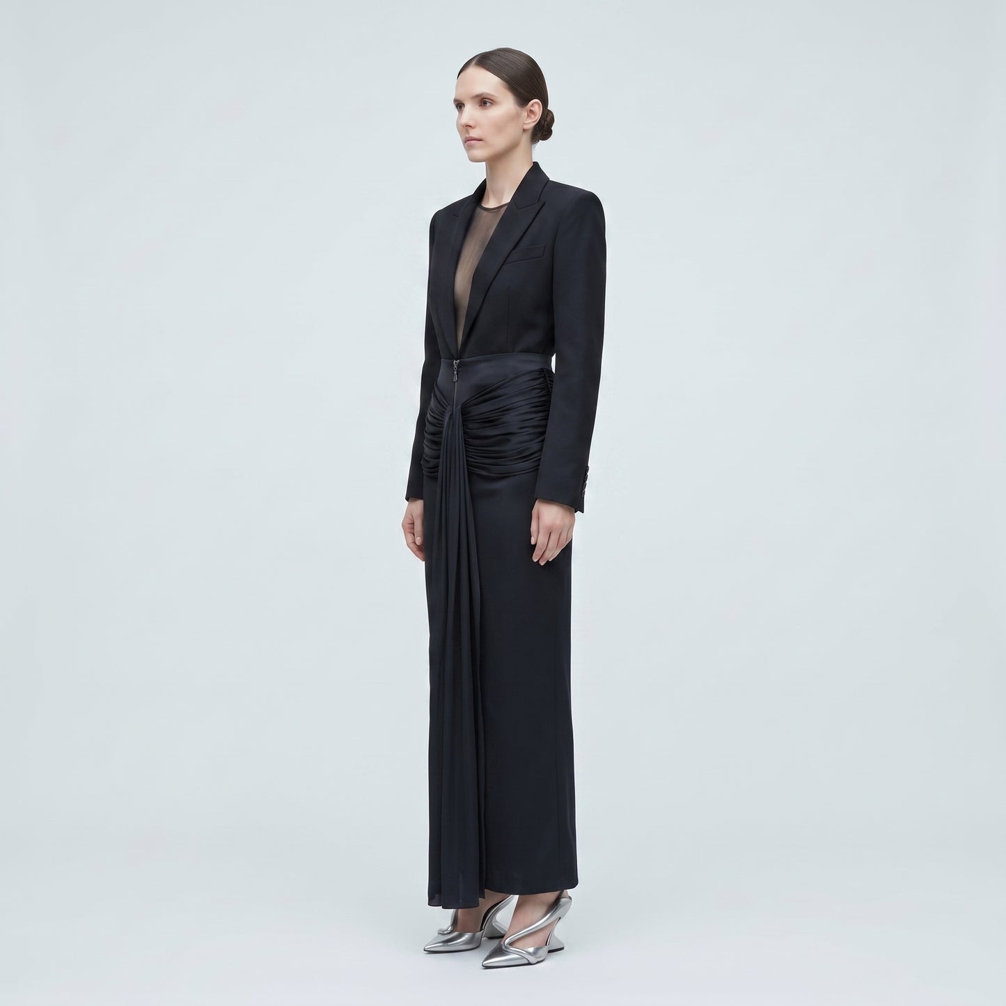 Ruched Satin Midi Skirt