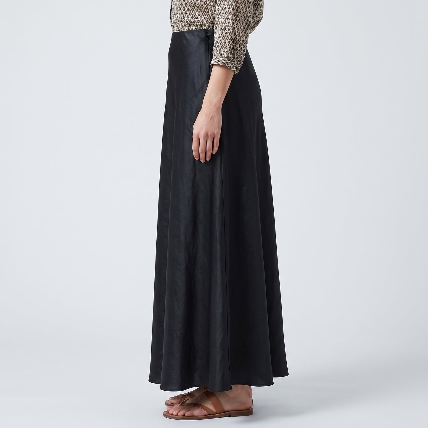 Sleek Black Satin Midi Skirt