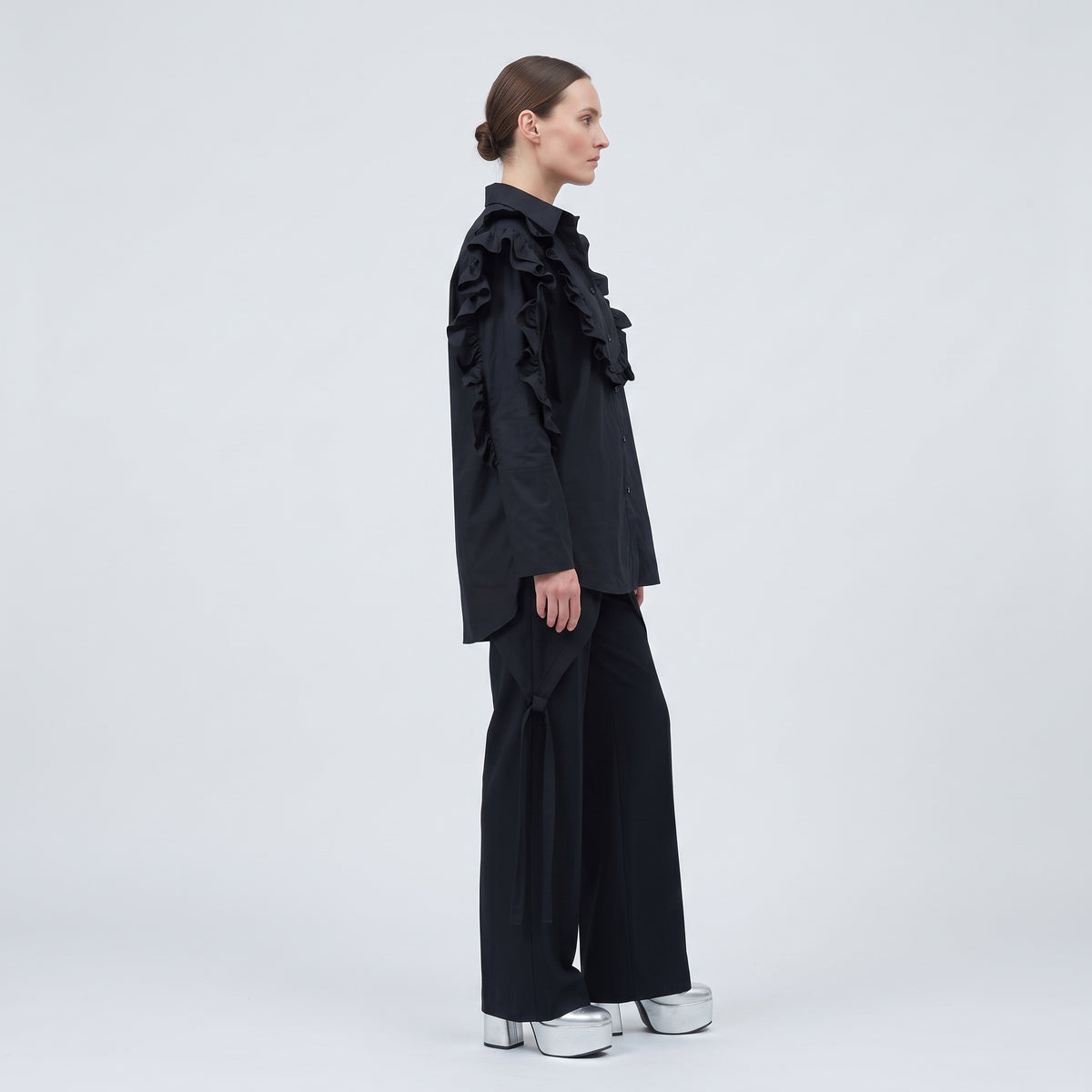 Black Ruffled Statement Cotton Shirt
