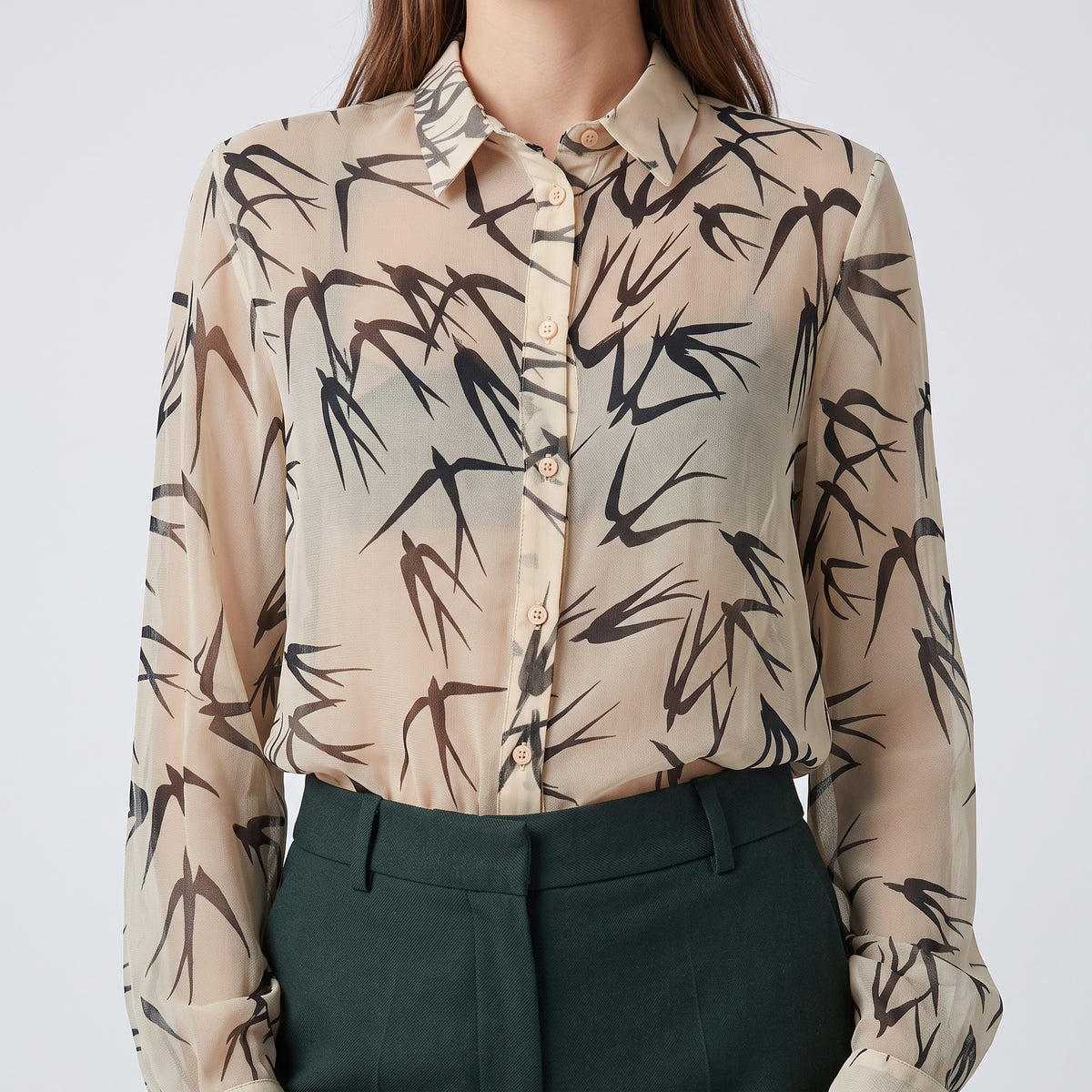 Sheer Bird Print Button-Down Shirt